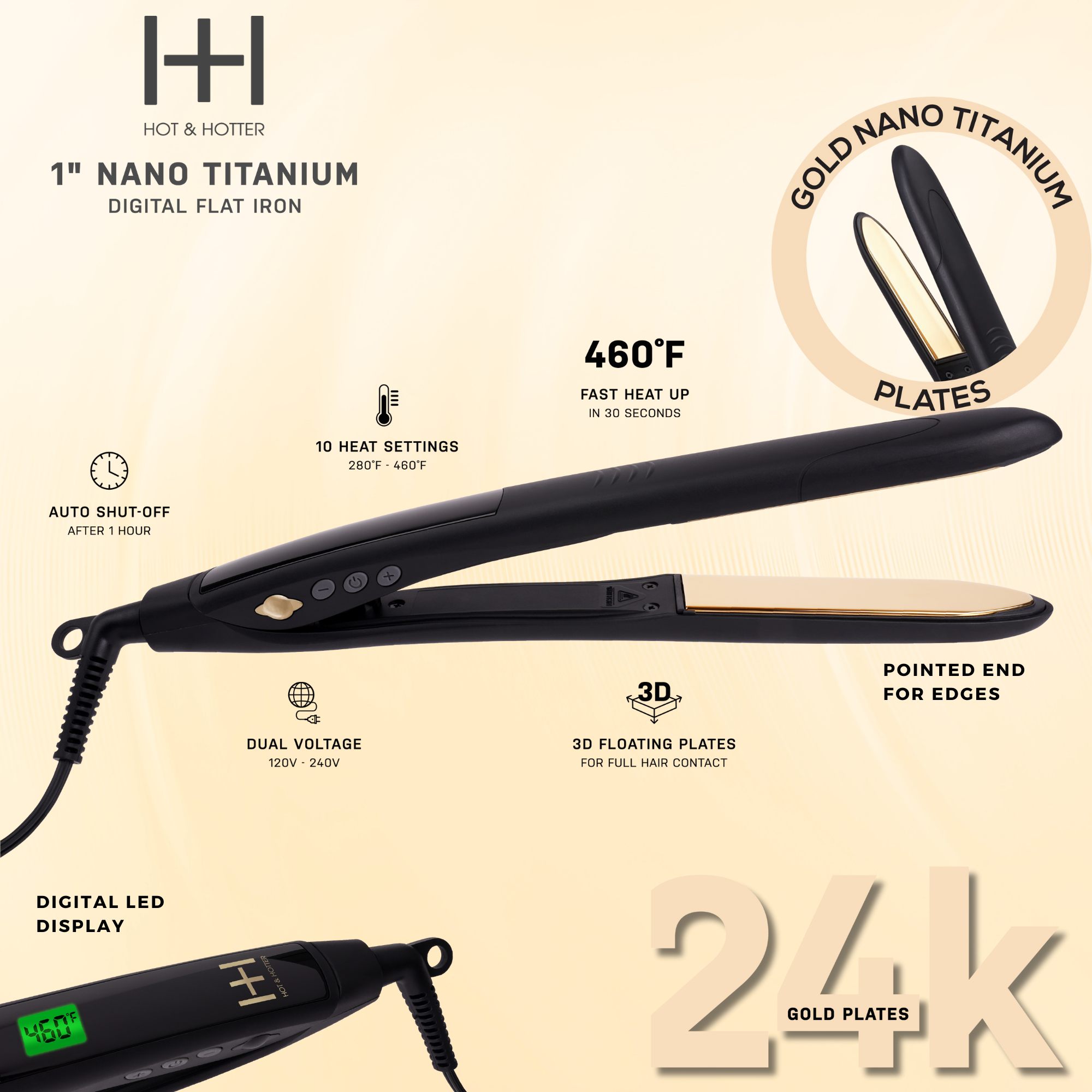 Annie International, Inc. - Hot & Hotter Digital Nano Titanium Gold Flat Iron 1in, Black, photo 3 of 5