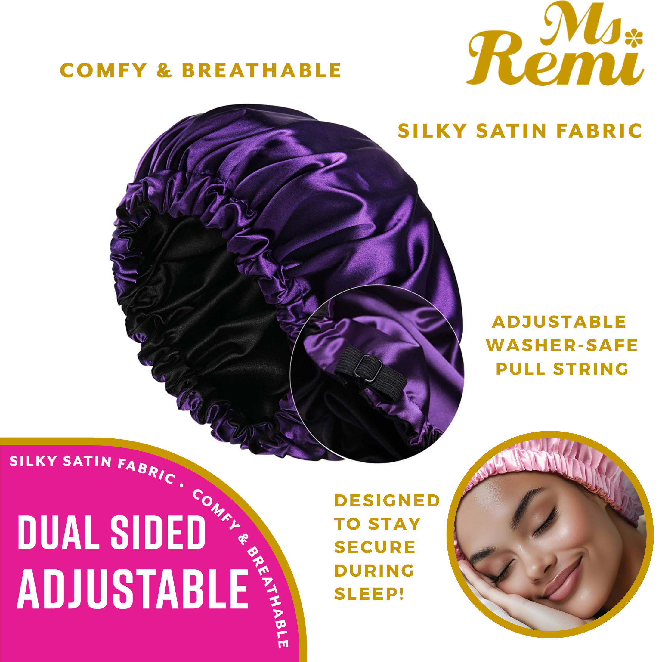 Annie International | Ms. Remi Adjustable Dual-Sided Silky Satin Braid Bonnet, photo 3 of 4
